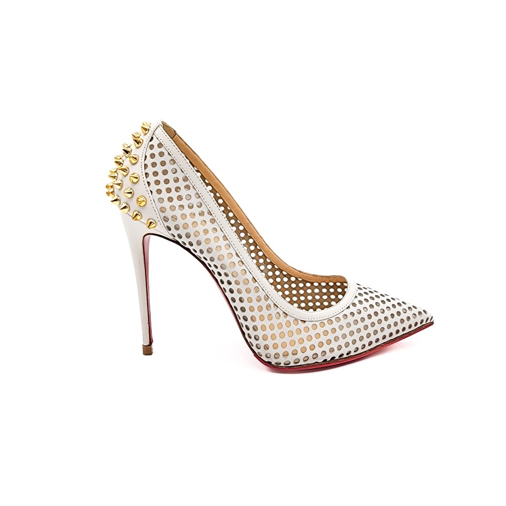 Christian Louboutin Guni 100 White Latte Leather Gold Spiked Pumps EU 38 - Picture 2 of 10